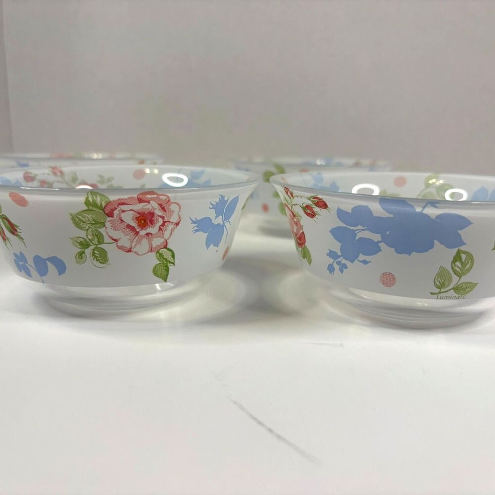 Vintage Luminarc Florine Glass Bowls Set of 4 Pink Rose Floral Cottagecore